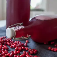 Färdig lingondricka i flaskor, omgivna av färska lingon. Perfekt för ett enkelt lingondricka recept.