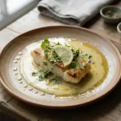 En perfekt tillagad fiskfilé med en krämig beurre blanc-sås, toppad med citron och örter.