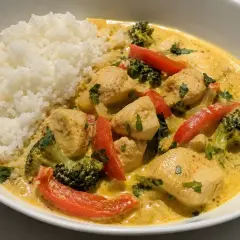 En krämig kycklinggryta med ris, broccoli och röd paprika. En härlig och smakrik kycklinggryta som passar perfekt till middag.