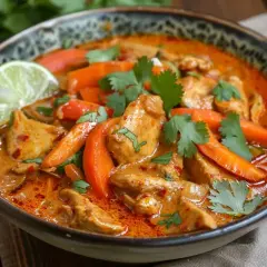 En skål med kyckling i krämig red curry med morötter och lime.