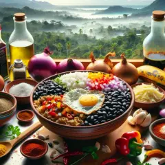 En skål med gallo pinto, ris, svarta bönor, hackade grönsaker och ett stekt ägg, omgiven av ingredienser som lök, vitlök, chili och kryddor, med en dimmig djungelvy i bakgrunden.
