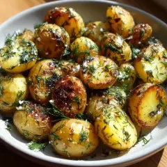En skål med gyllene, krispiga stekt potatis, toppad med färsk dill och flingsalt. Perfekt tillbehör!