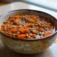 En skål med mustig linsgryta med morötter, perfekt för ett enkelt linsgryta recept.