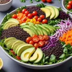 En färgstark sallad med belugalinser, avokado, tomater, morötter och rödlök. Ett perfekt belugalinser recept för en hälsosam måltid.