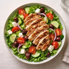 En fräsch sallad med grillad kyckling, som Tareq Taylor skulle kunna laga, med tomater, gurka, oliver och fetaost.