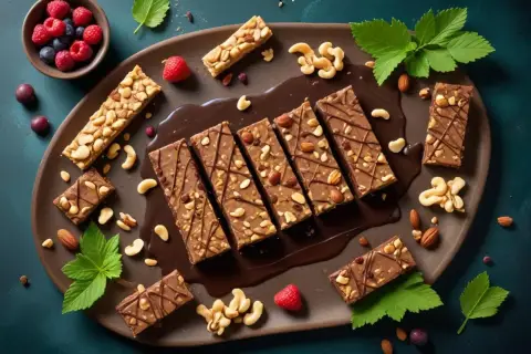 Chocolate bars with nuts and berries on a platter with melted chocolate.