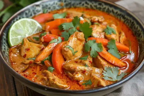 En skål med kyckling i krämig red curry med morötter och lime.