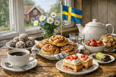 En härlig fika med kanelbullar, jordgubbstårta, chokladbollar och kaffe. Svenska flaggan vajar i bakgrunden.