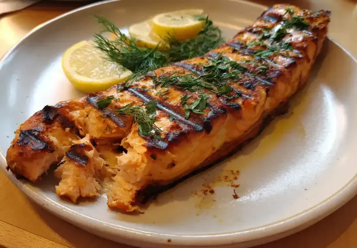 En perfekt grillad laxsida med krispiga grillränder, garnerad med dill och citronklyftor.