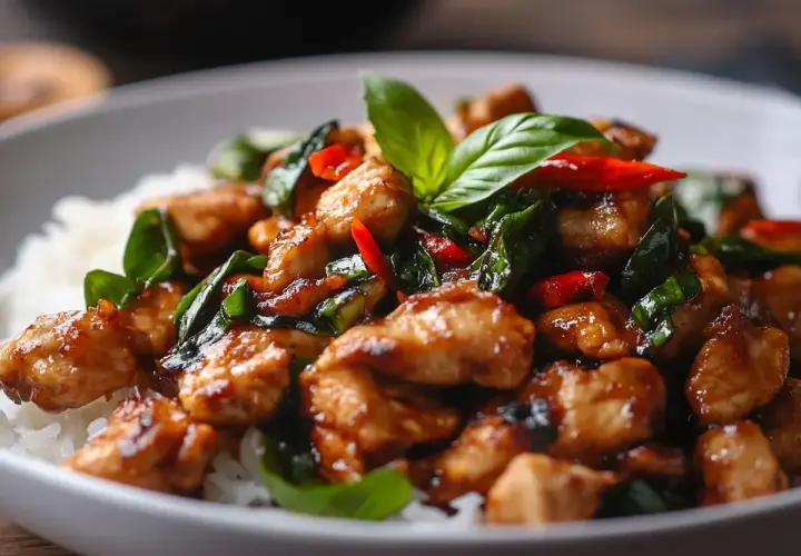 Kyckling med ris och färsk thai basil. En smakrik rätt med chili och örter.