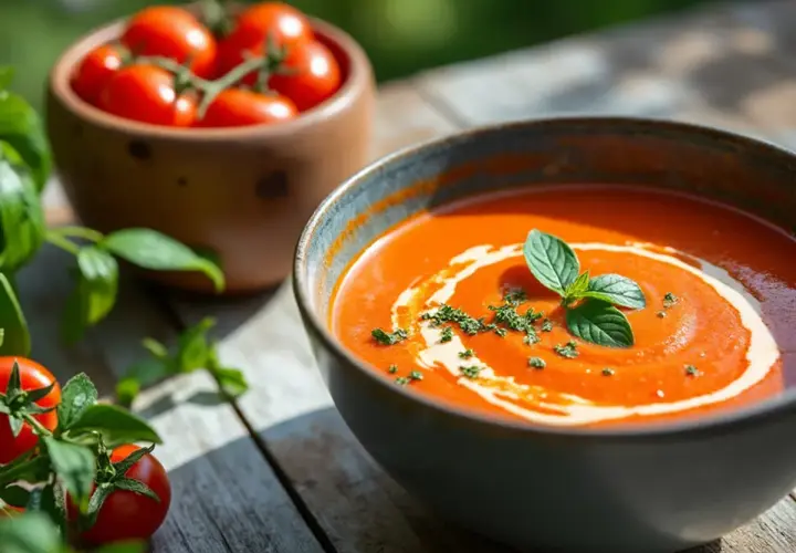 En skål med krämig tomatsoppa, garnerad med grädde och basilika. Bredvid syns färska tomater och gröna blad, perfekt för ett enkelt tomatsoppa recept.