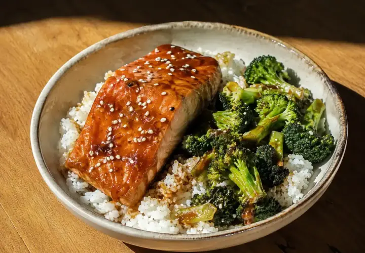 En skål med ris, saftig teriyaki lax toppad med sesamfrön och ångad broccoli. En perfekt middag.