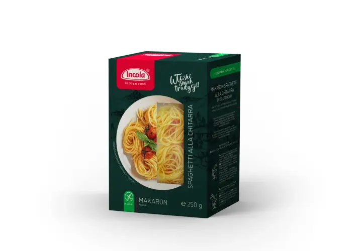Glutenfri spaghetti alla chitarra från Incola. Förpackningen visar en tallrik med färdiglagad pasta, perfekt för dig som söker glasnudlar gluten.