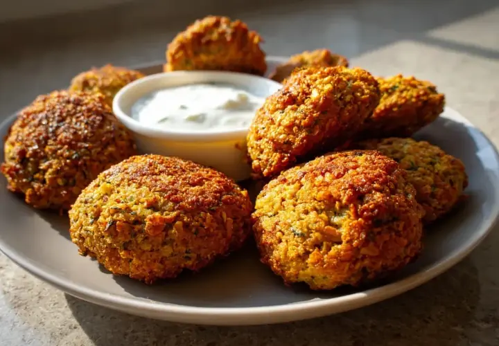 Krispiga falafelbollar med en krämig dipp. Perfekt för ett snabbt och gott falafel recept.