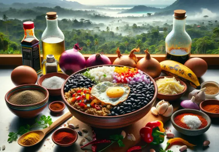 En skål med gallo pinto, ris, svarta bönor, hackade grönsaker och ett stekt ägg, omgiven av ingredienser som lök, vitlök, chili och kryddor, med en dimmig djungelvy i bakgrunden.