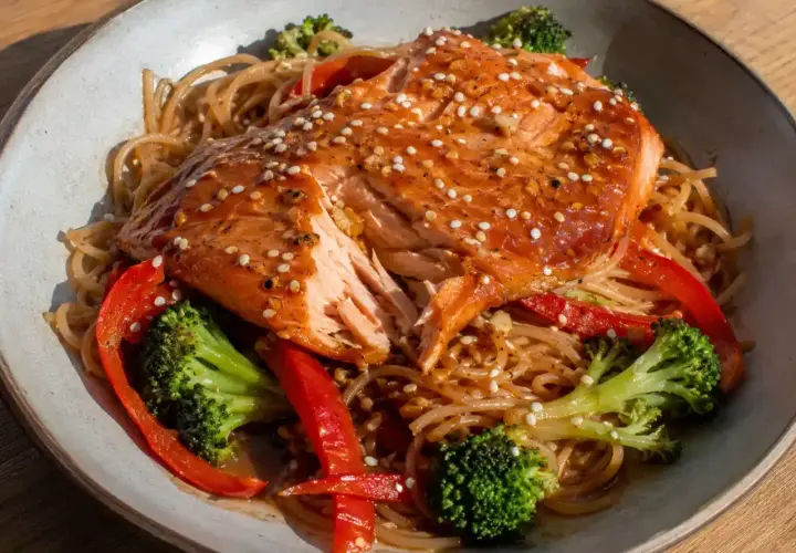 En läcker sejfile med nudlar, broccoli och paprika. Ett perfekt sejfile recept för en snabb middag.
