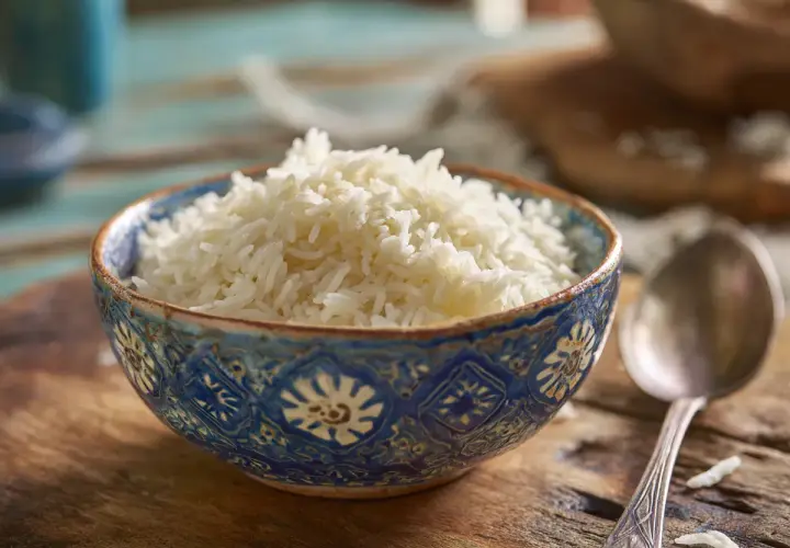 En skål med fluffigt, nykokt ris. Perfekt för att koka ris till en god måltid.