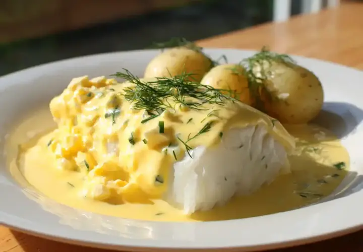 En saftig bit torsk med krämig citronsås och dill, serverad med små, kokta potatisar. En klassisk svensk rätt.