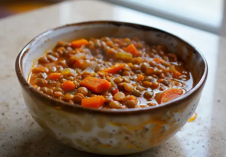En skål med mustig linsgryta med morötter, perfekt för ett enkelt linsgryta recept.