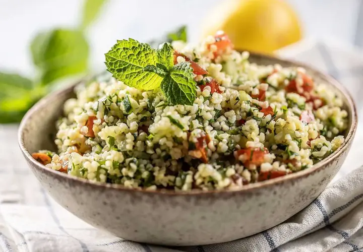 En skål med tabbouleh, en fräsch sallad där man kan koka bulgur med tomat, persilja och mynta. En citron syns i bakgrunden.