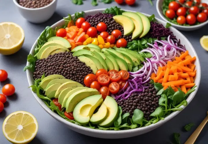 En färgstark sallad med belugalinser, avokado, tomater, morötter och rödlök. Ett perfekt belugalinser recept för en hälsosam måltid.