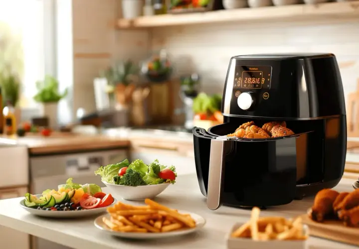 En airfryer med krispiga kycklingbitar och pommes frites. Perfekt för snabba och goda airfryer recept.