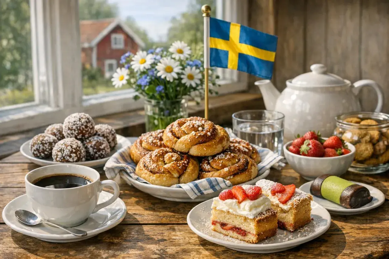 En härlig fika med kanelbullar, jordgubbstårta, chokladbollar och kaffe. Svenska flaggan vajar i bakgrunden.