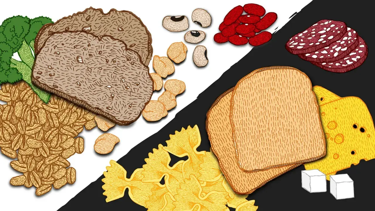 Bröd, pasta, bönor och flingor – en illustration av olika kolhydratrika livsmedel.