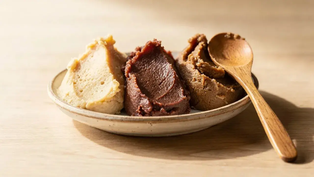 Tre sorters miso på en tallrik med en träsked. Ljus, mörkbrun och rödbrun miso.