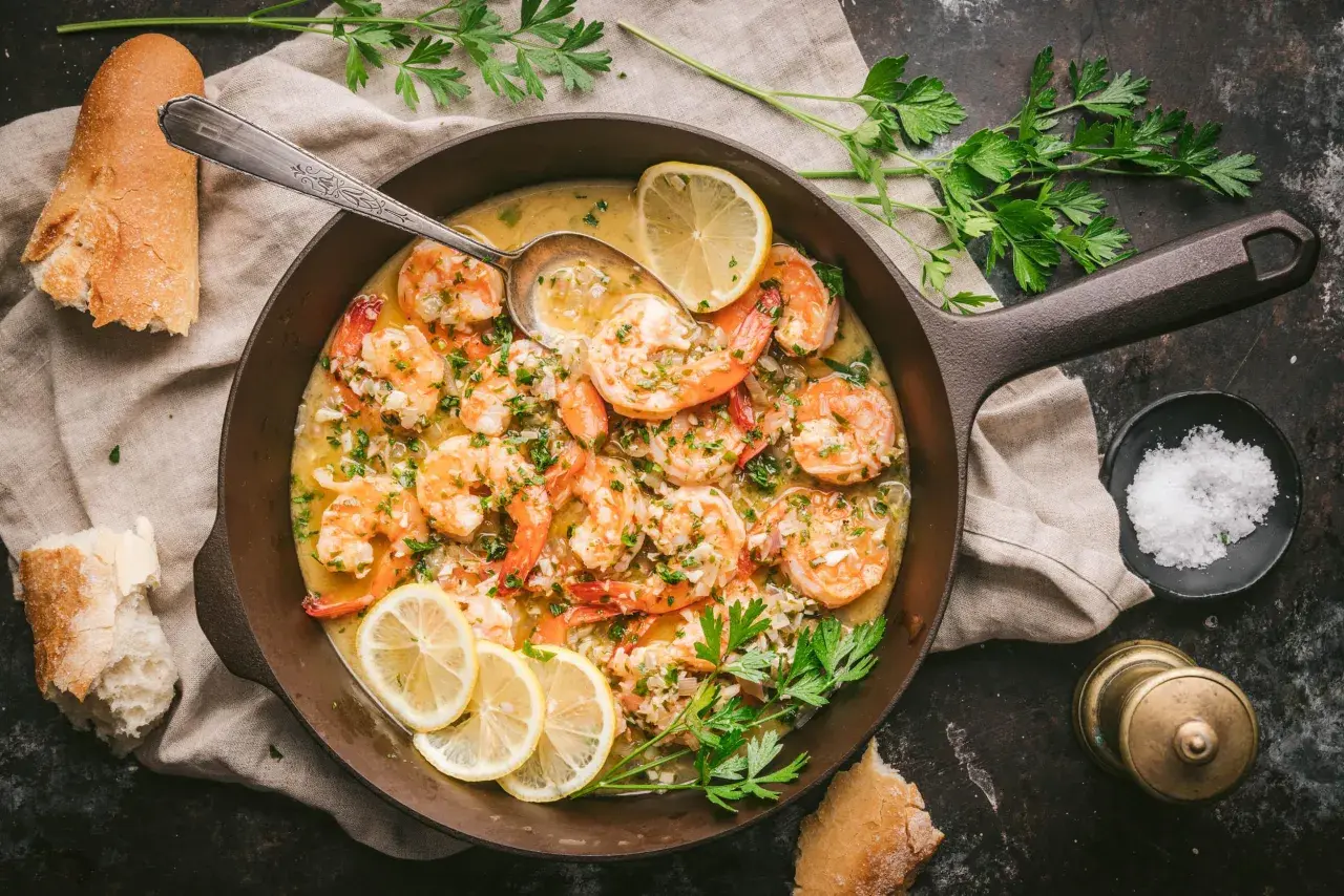 En gjutjärnspanna fylld med saftiga scampi i en vitlöks- och persiljesås, serverad med citronklyftor och bröd.