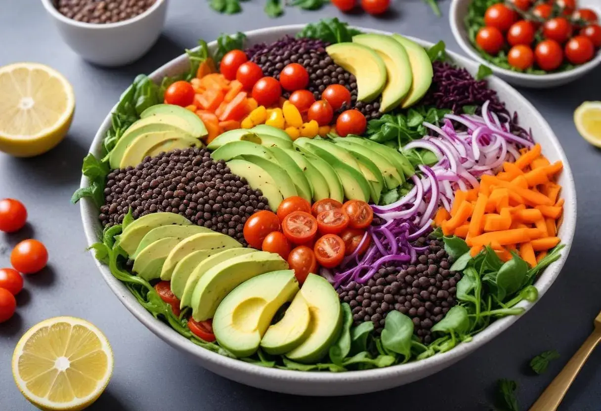 En färgstark sallad med belugalinser, avokado, tomater, morötter och rödlök. Ett perfekt belugalinser recept för en hälsosam måltid.