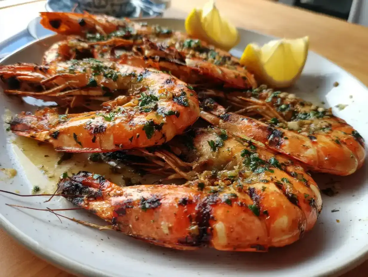 Grillade scampi med vitlök och persilja, serverade med citronklyftor. En härlig rätt som passar perfekt till sommaren.
